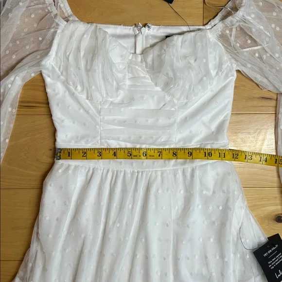 NWT Lulus White Long Sleeve Tiered Dress with Sheer Polka Dot Sleeves | Size XS - Picture 6 of 11